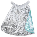 Introducing the Mermaid Dreamscape Color-In Cape by Great Pretenders, designed for ages 4-6. This children’s costume cape features black-and-white illustrations of mermaids, sea creatures, and underwater scenes, and is lined with a partially visible turquoise, shimmery mermaid-scale fabric. As part of the Color-A-Collection, this customizable cape lets kids unleash their creativity—color it with washable markers for hours of imaginative fun.