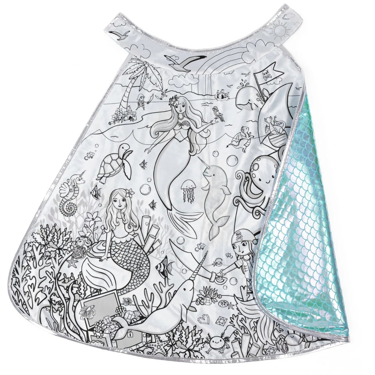Introducing the Mermaid Dreamscape Color-In Cape by Great Pretenders, designed for ages 4-6. This children’s costume cape features black-and-white illustrations of mermaids, sea creatures, and underwater scenes, and is lined with a partially visible turquoise, shimmery mermaid-scale fabric. As part of the Color-A-Collection, this customizable cape lets kids unleash their creativity—color it with washable markers for hours of imaginative fun.