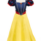 A Great Pretenders Boutique Princess Gown on a mannequin, featuring a yellow hoop skirt, navy blue bodice with red and blue puffed sleeves, and a white collar