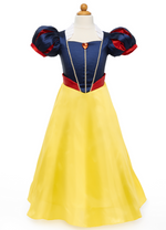 A Great Pretenders Boutique Princess Gown on a mannequin, featuring a yellow hoop skirt, navy blue bodice with red and blue puffed sleeves, and a white collar