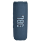 The JBL Flip 6 Waterproof Bluetooth Speaker is a blue cylindrical portable speaker with a textured surface, featuring powerful sound and a vertical JBL logo in white and red. Its waterproof design lets you enjoy music anywhere.