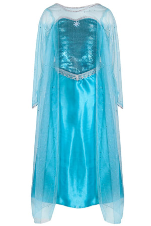The Great Pretenders Ice Queen Dress With Cape features peacock blue satin, a sequin sweetheart bodice, sheer sparkly overlay, and a snowflake emblem at the neckline, perfect for dress-up inspired by royalty.