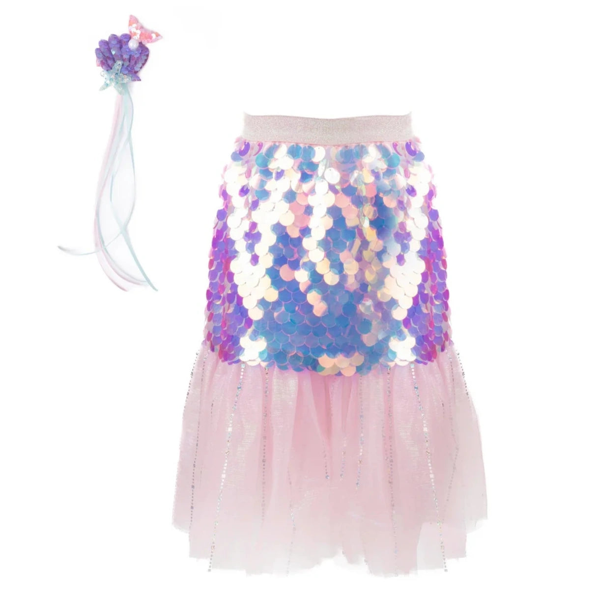 The Bling Bling Mermaid Skirt & Hairclip Set by Great Pretenders features a pink tulle sequin skirt with iridescent purple and white accents, complemented by a matching sequin hairclip for a magical mermaid look.