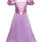 A children's princess costume from the Great Pretenders Boutique Princess Gown featuring puffed sleeves, a pink and white bodice with crisscross detailing, and a long purple hoop skirt, displayed on a mannequin.