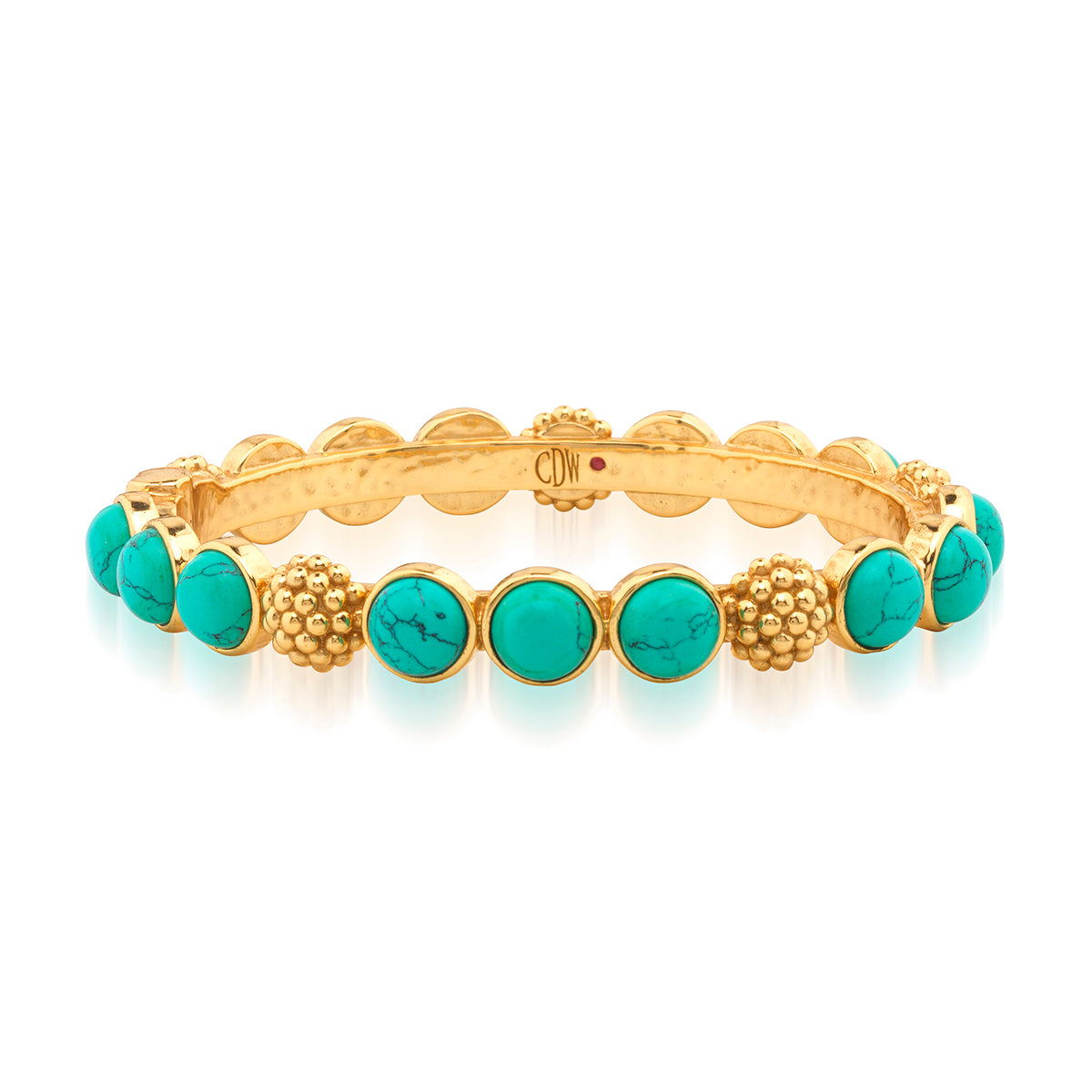 The Juliska Capucine De Wulf Berry Gem Hinged Bangle features alternating round turquoise gems and textured golden berries, pictured against a white background.