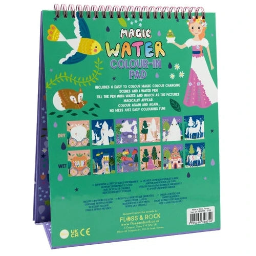 The Fairy Tale Easel Watercard and Pen by Floss and Rock is displayed standing upright, showcasing vibrant illustrations and clear instructions on the back cover, with sections labeled “dry” and “wet” to demonstrate the magical, water-activated images. This reusable coloring pad provides mess-free creative fun, making it ideal for imaginative play without any worries about spills or stains.