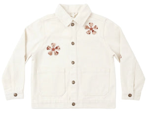 The Girls’ Denim Chore Coat by Rylee & Cru features an off-white button-up design with brown flower appliqués on the left chest, right shoulder, and left elbow. With front pockets and a classic collar, this jacket pairs timeless style with playful floral details.