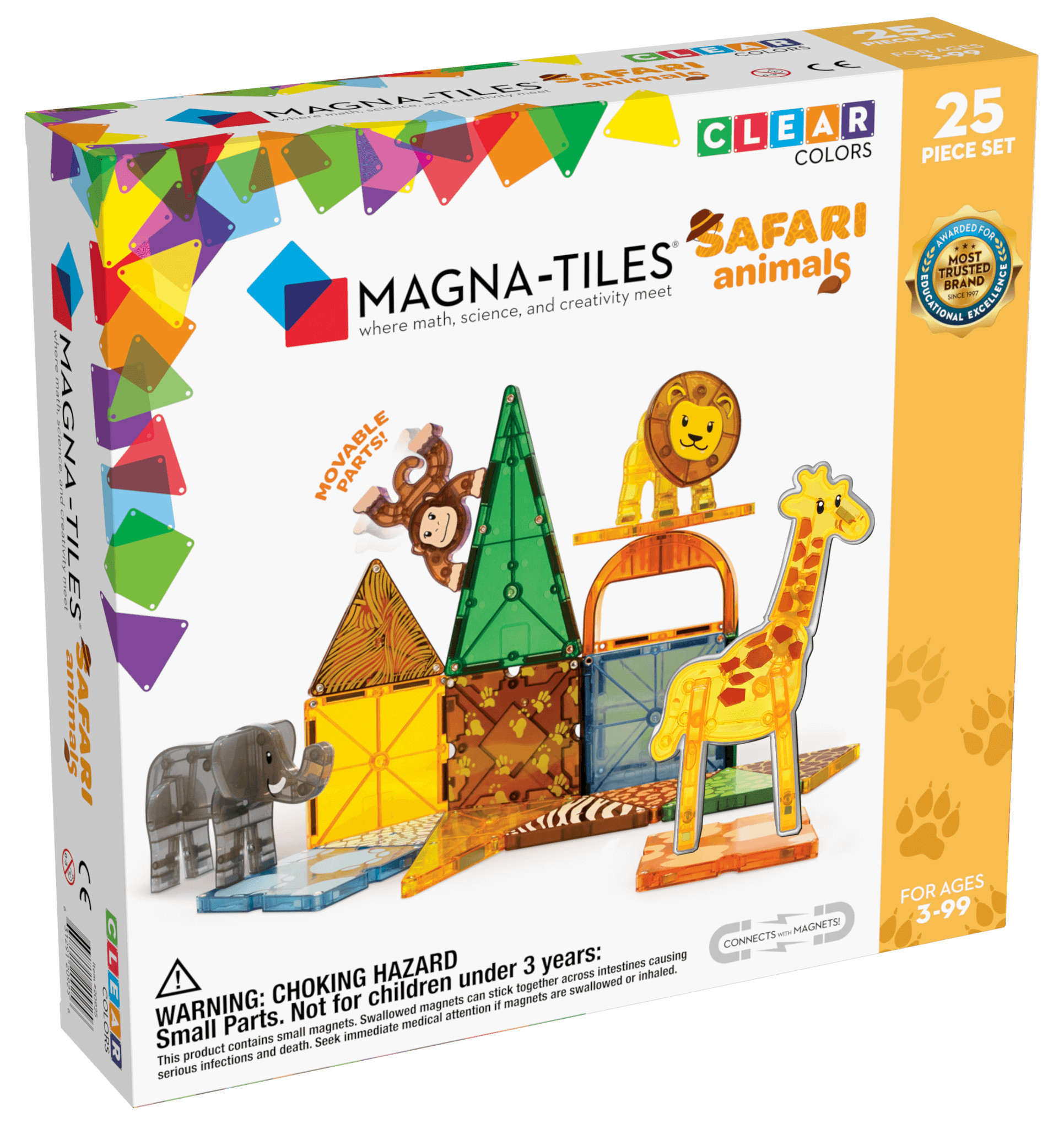 The Magnatiles Safari Animals 25-Piece Set includes safari animal toys and vibrant magnetic shapes, designed for ages 3 to 99.
