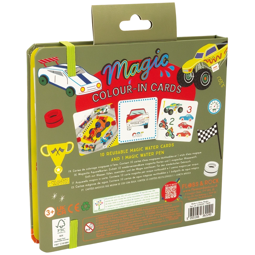 Green box of Floss and Rock’s “Magic Color Changing Water Cards – Cars,” featuring 10 reusable color-changing water cards with racing-themed illustrations and 1 magic water pen, plus product details on the back—the perfect travel toy for creative fun on the go.