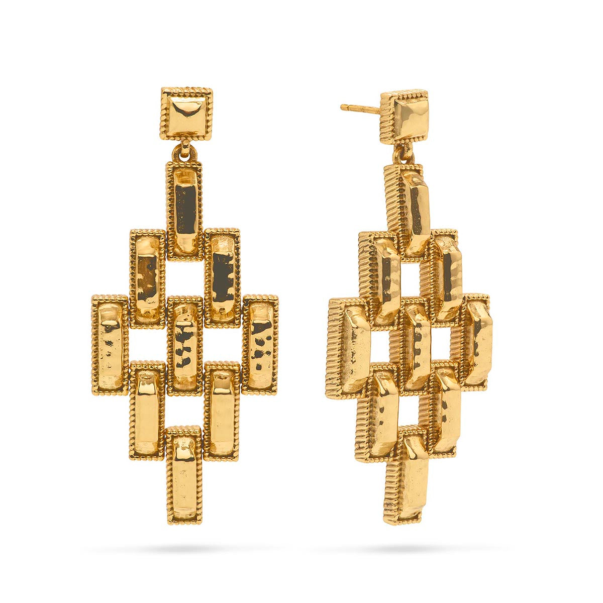 The Pathway Post Drop Earrings by Juliska Capucine De Wulf feature interlocking geometric segments with a hammered gold finish, showcased against a white background.