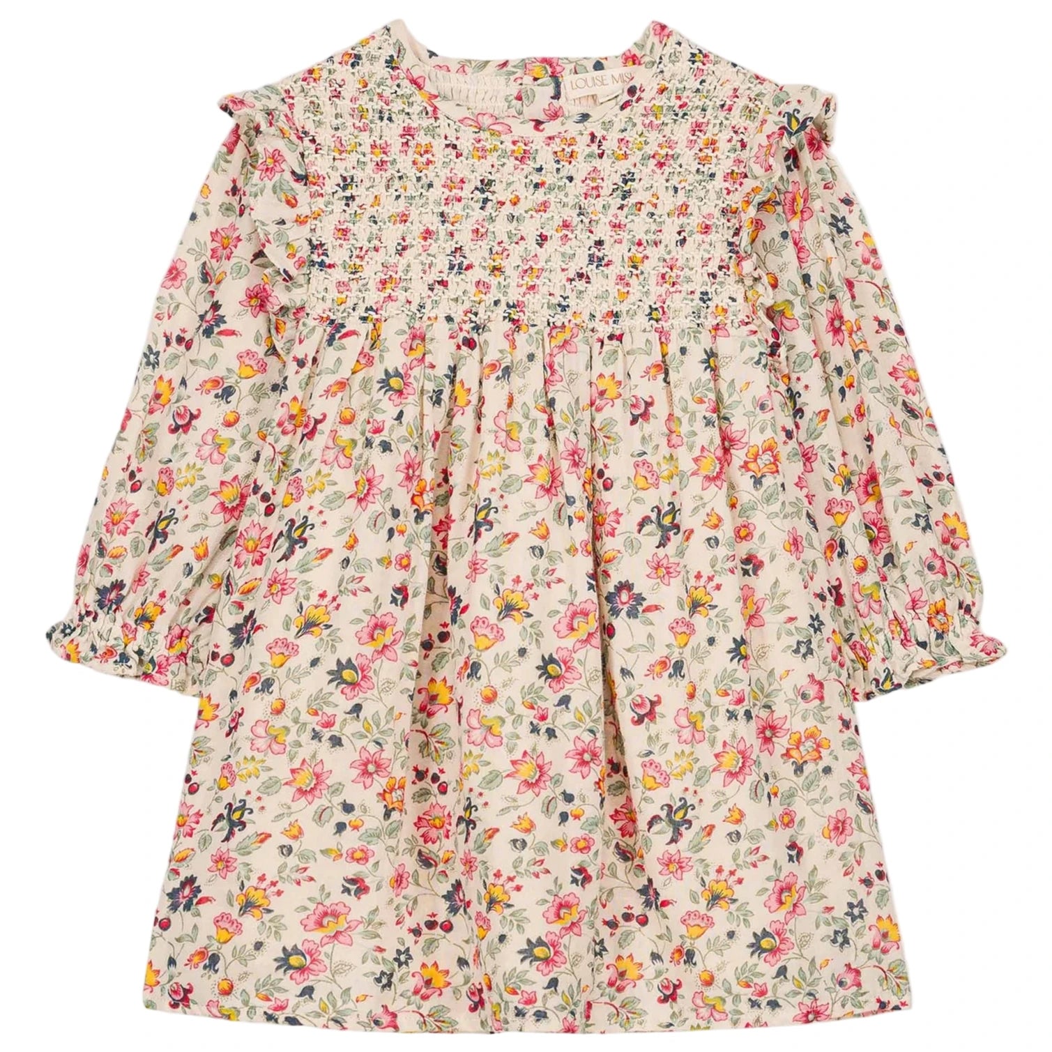 The Louise Misha Girls' Saralou Dress is a long-sleeved cotton gauze dress for children with a ruffled collar, smocked chest, and multicolored floral print on a light background.
