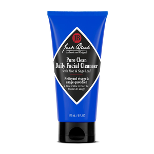 A blue tube of Jack Black Pure Clean Daily Facial Cleanser, featuring aloe and sage leaf, in a 177 mL (6 fl. oz) size is displayed against a white background—this liquid cleanser from Jack Black is formulated to help achieve shave-ready skin.