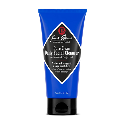 A blue tube of Jack Black Pure Clean Daily Facial Cleanser, featuring aloe and sage leaf, in a 177 mL (6 fl. oz) size is displayed against a white background—this liquid cleanser from Jack Black is formulated to help achieve shave-ready skin.