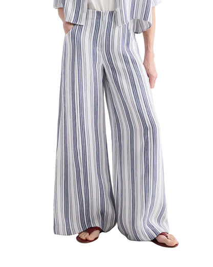 Person wearing the TWP Demie Linen Stripe Pant, featuring a blue and white vertical stripe pattern and wide-leg, high-waisted silhouette, paired with brown sandals. Only the lower half of the body is visible.