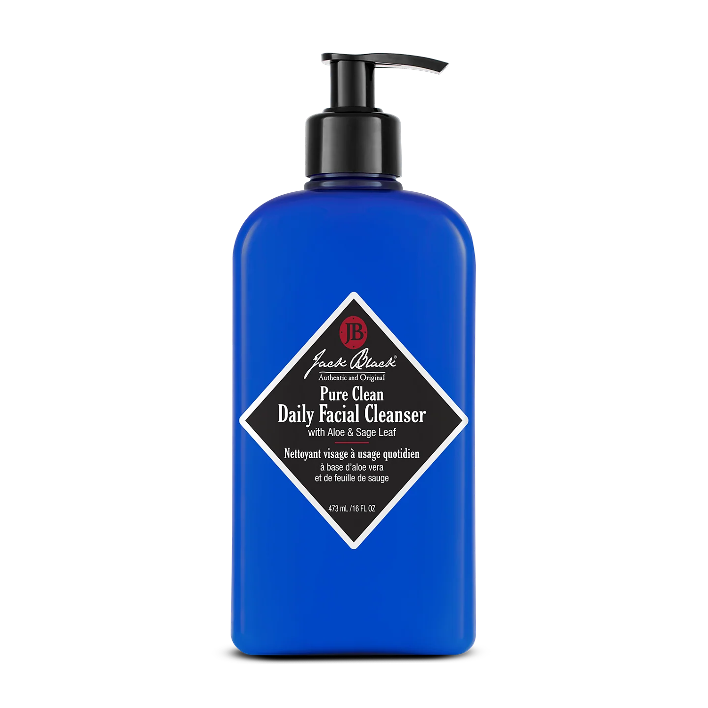 A 473 mL (16 fl oz) blue pump bottle of Jack Black Pure Clean Daily Facial Cleanser, formulated to help prepare shave-ready skin.