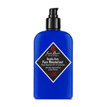 A blue bottle of Jack Black Double-Duty Face Moisturizer comes with a pump dispenser and a black label displaying product details. This lightweight formula offers broad-spectrum SPF 20 and is enriched with antioxidants to provide extra skin protection.
