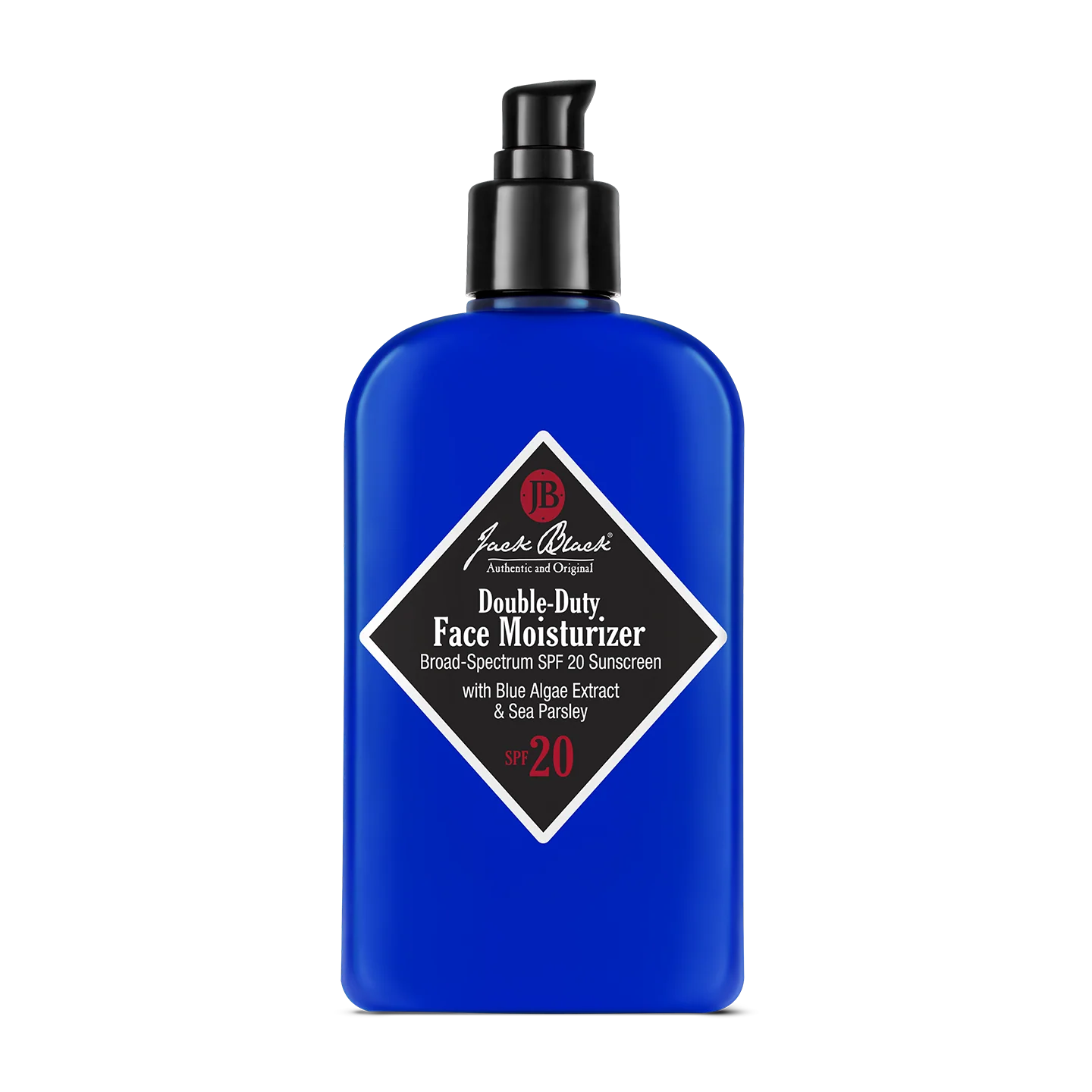A blue bottle of Jack Black Double-Duty Face Moisturizer comes with a pump dispenser and a black label displaying product details. This lightweight formula offers broad-spectrum SPF 20 and is enriched with antioxidants to provide extra skin protection.