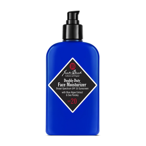 A blue bottle of Jack Black Double-Duty Face Moisturizer comes with a pump dispenser and a black label displaying product details. This lightweight formula offers broad-spectrum SPF 20 and is enriched with antioxidants to provide extra skin protection.