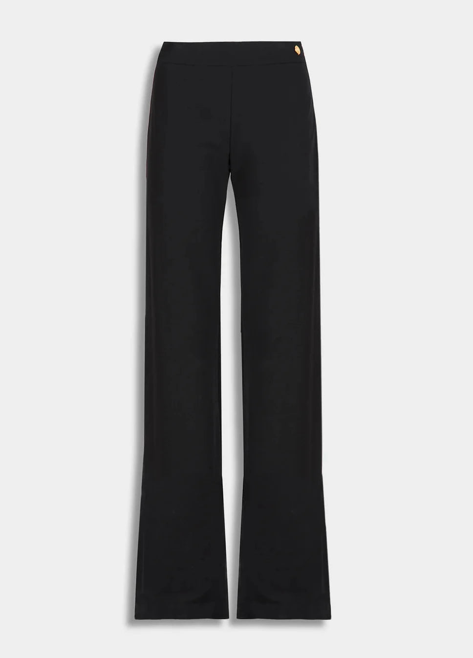 The Anouk Pant by Callas Milano features a black, high-waisted crepe jersey design with wide legs and a sleek silhouette, shown on a plain white background.