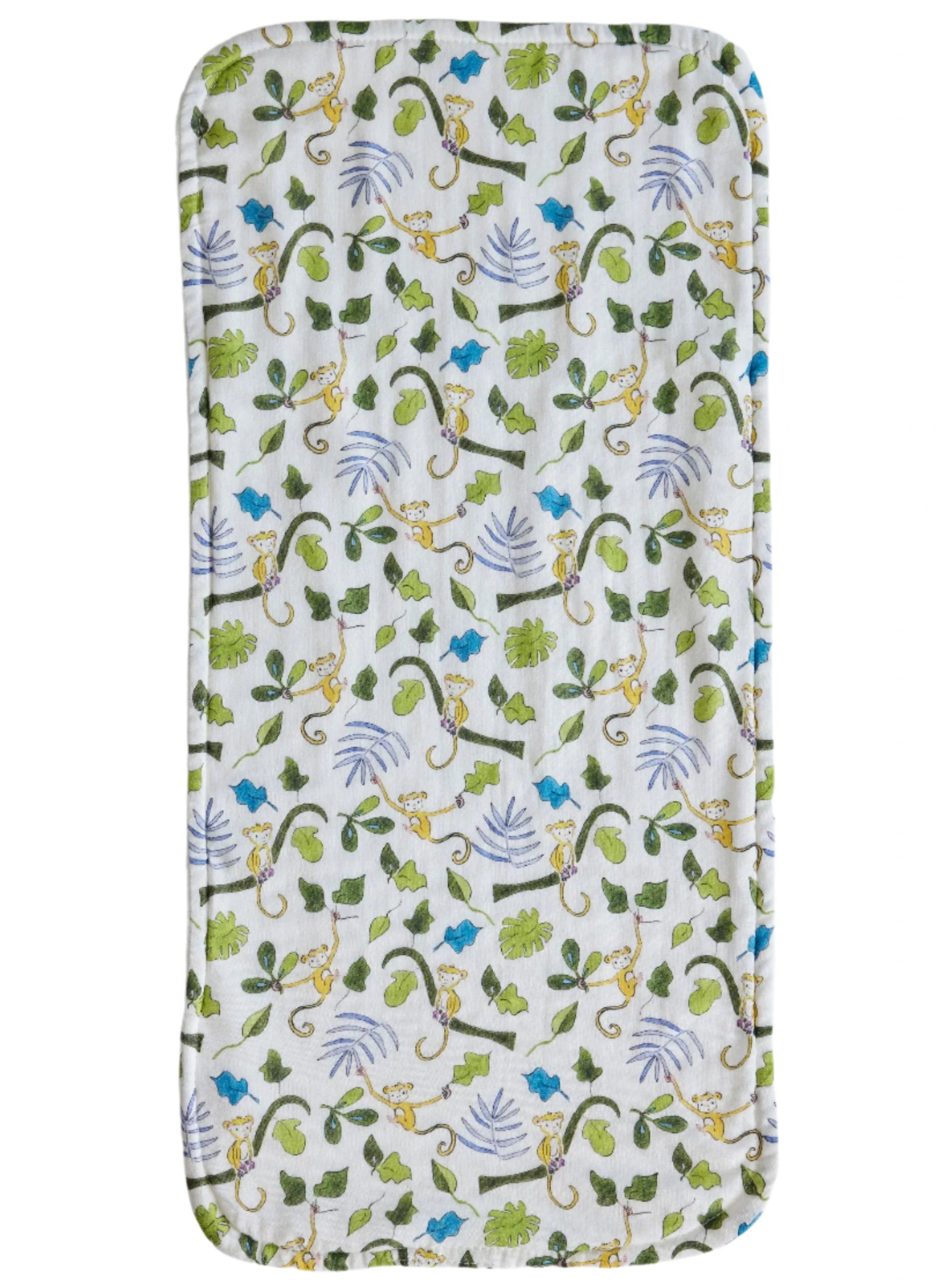 The Timo & Violet Baby Essentials Bib & Burp Set features a rectangular white cotton muslin burp cloth with monkeys, green leaves, and blue accents.