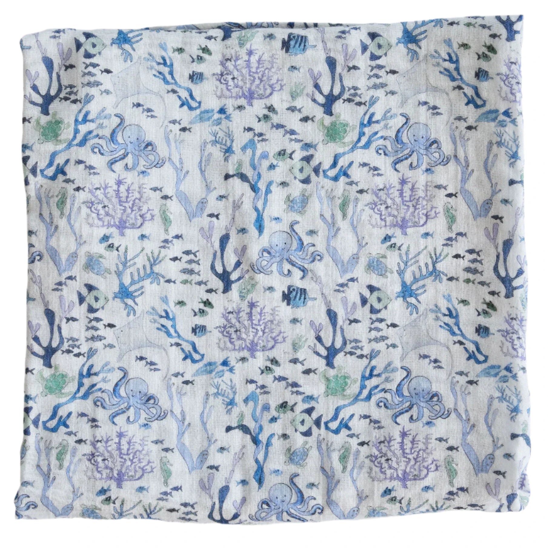 The Timo & Violet Shawl Blanket is a square cloth with a blue and purple underwater coral reef pattern, featuring fish, seaweed, octopuses, and marine motifs on a light background—ideal as a baby accessory.