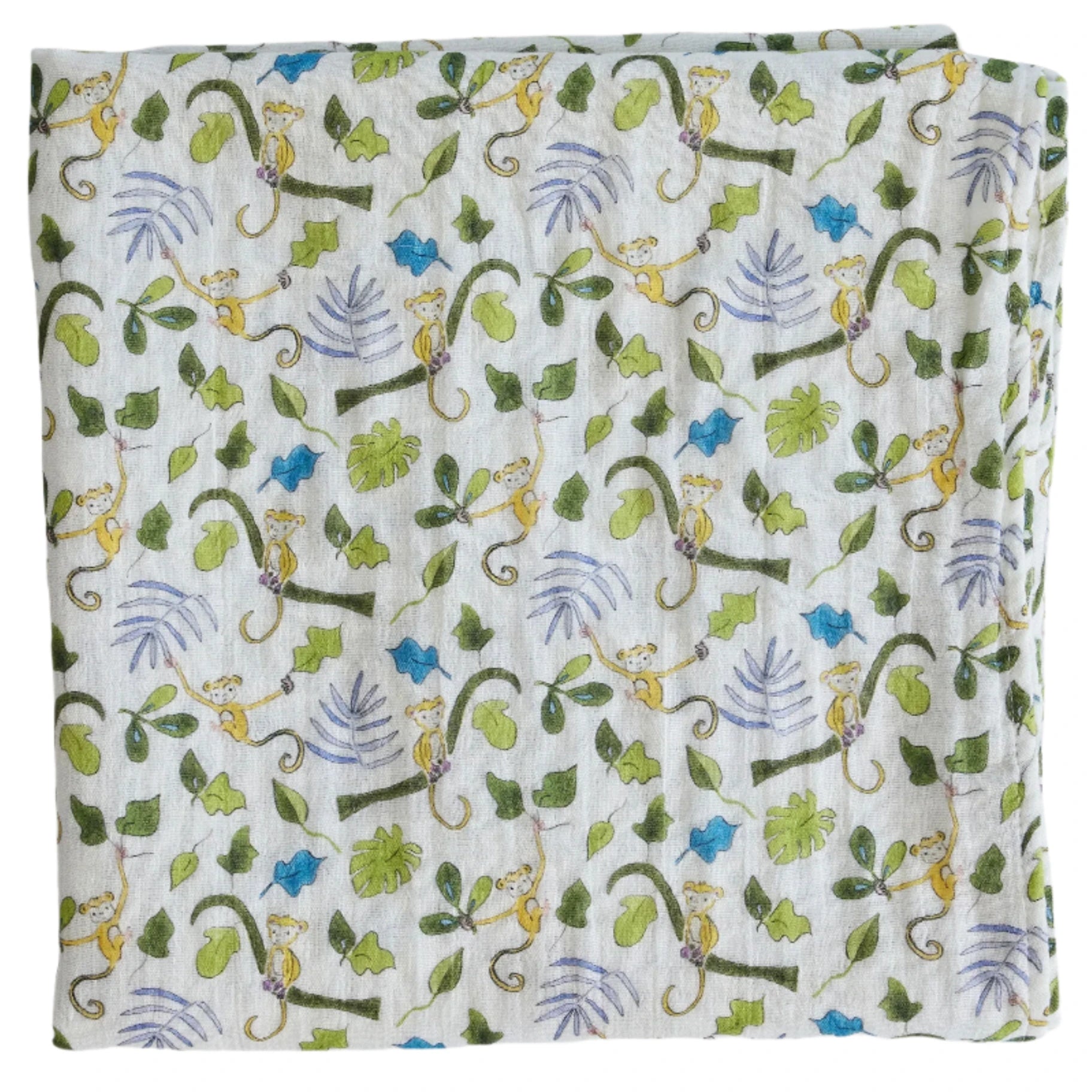 The Timo & Violet Shawl Blanket is a folded white organic cotton baby accessory with a playful print of monkeys, green leaves, and branches in shades of green, brown, and purple—ideal for adding style to any nursery.