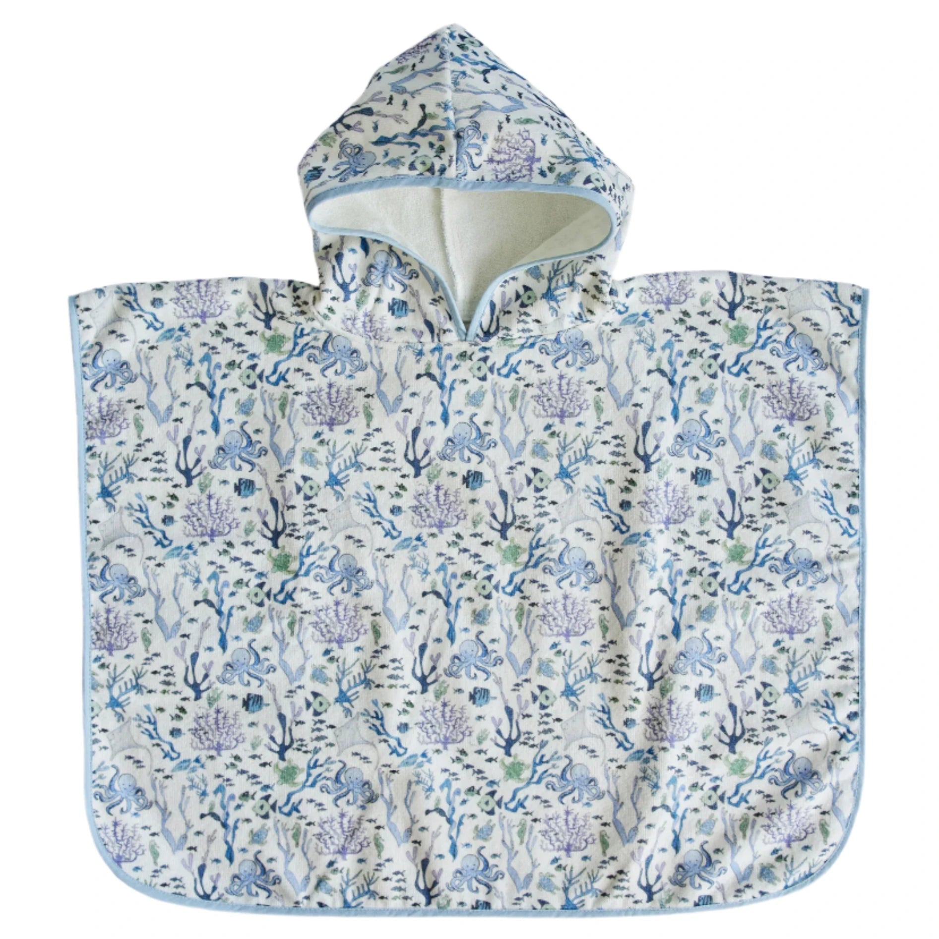 The Timo & Violet Swim Poncho for kids features a floral and seaweed pattern in soft blue and lavender, shown flat on a white background.