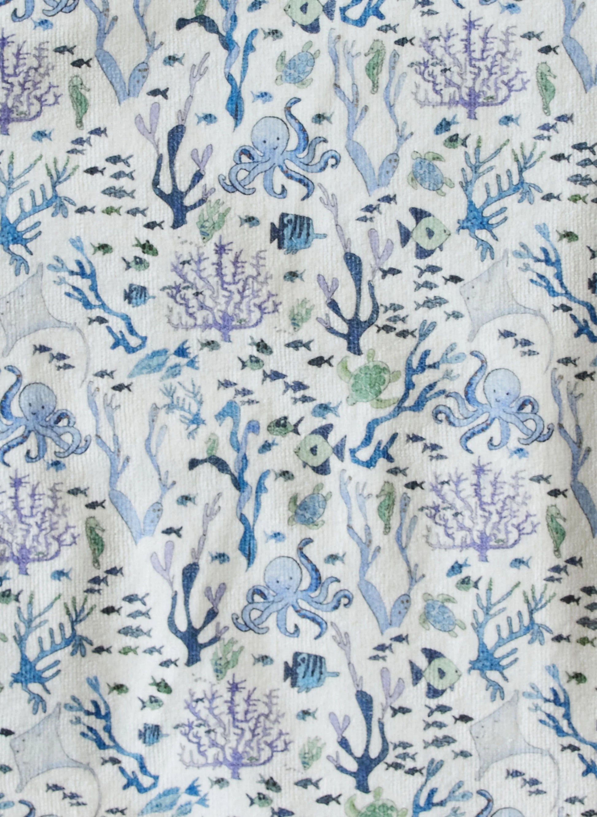 The Timo & Violet Baby Walker Terry Onesie features a playful print of blue and purple octopuses, fish, seaweed, and coral on white—ideal for eco-friendly baby clothes.