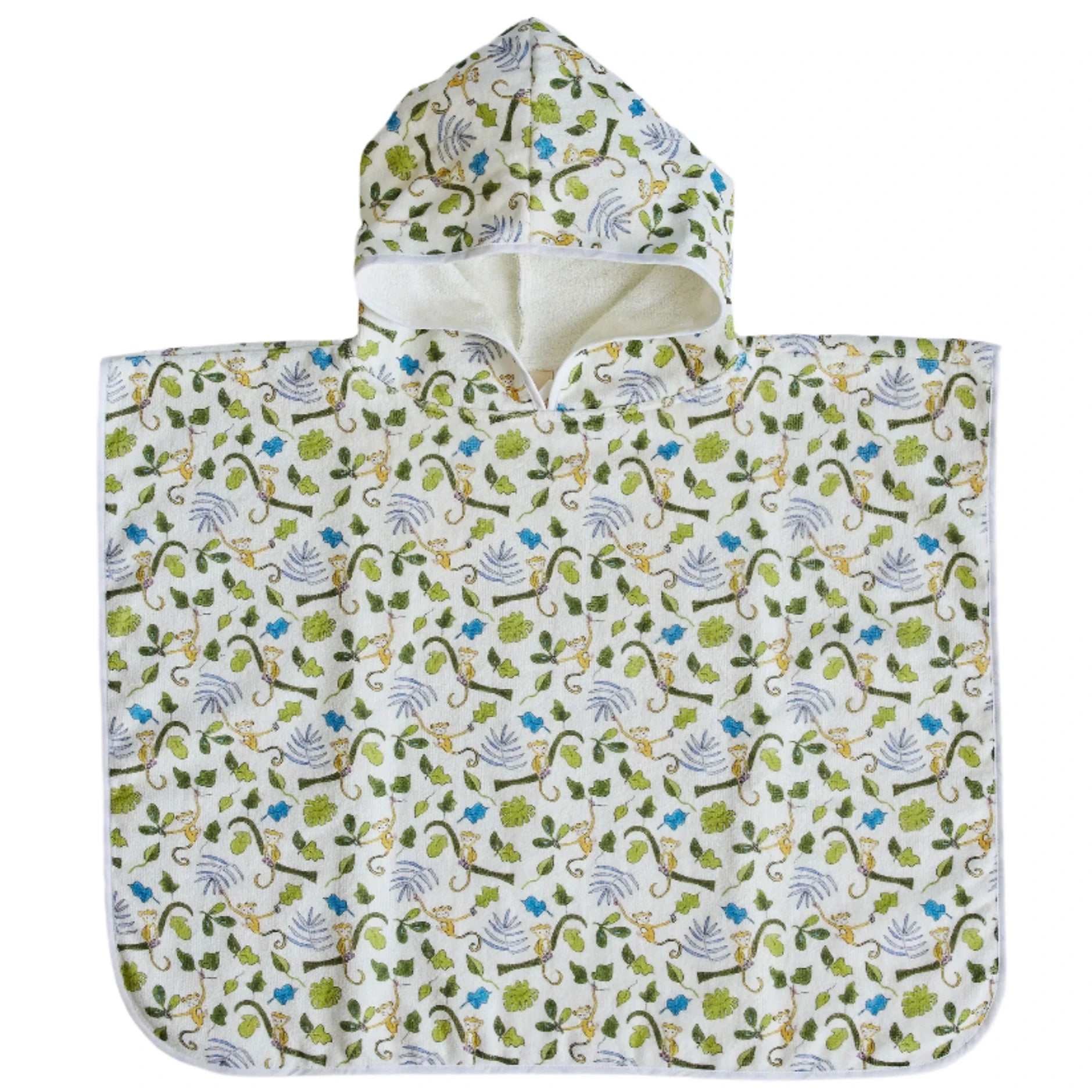 The Timo & Violet Swim Poncho is a kids' hooded towel with a white background and green, blue, and beige leaf and branch patterns—ideal as an organic cotton swim poncho.