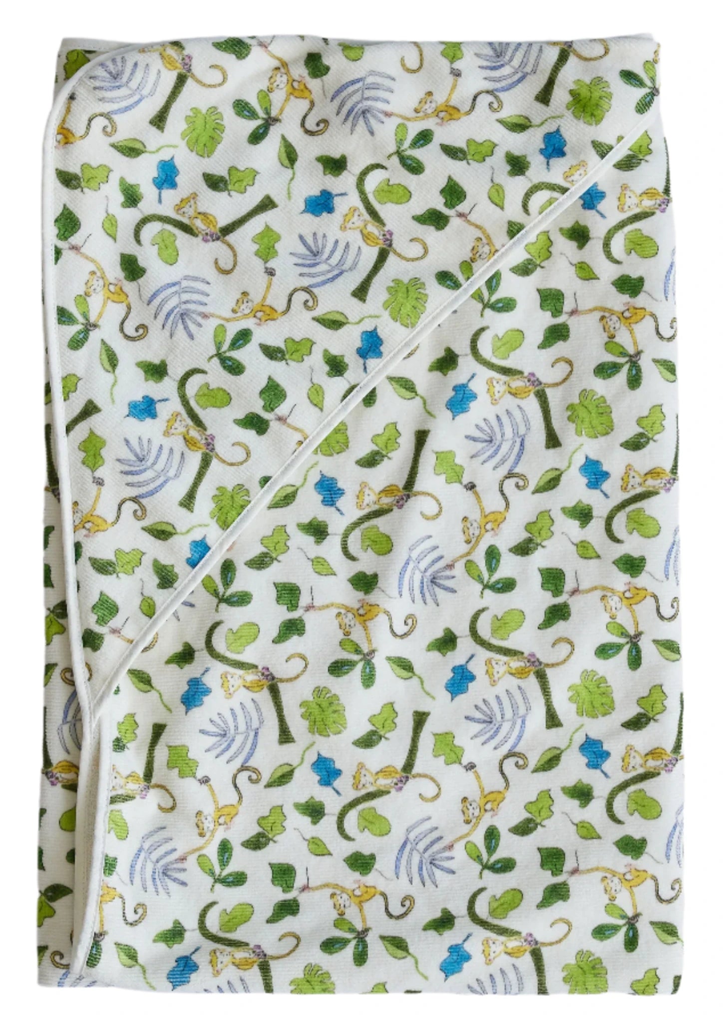 The Timo & Violet Hooded Bath Towel features a playful monkey, green leaf, and blue flower pattern on white. Ideal for kids as a cozy bath towel with a hood for extra warmth and fun.