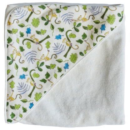 The Timo & Violet Hooded Bath Towel is a large, square kids towel featuring a jungle animal and leaf print on one side and soft white fabric on the other—perfect for bath time.