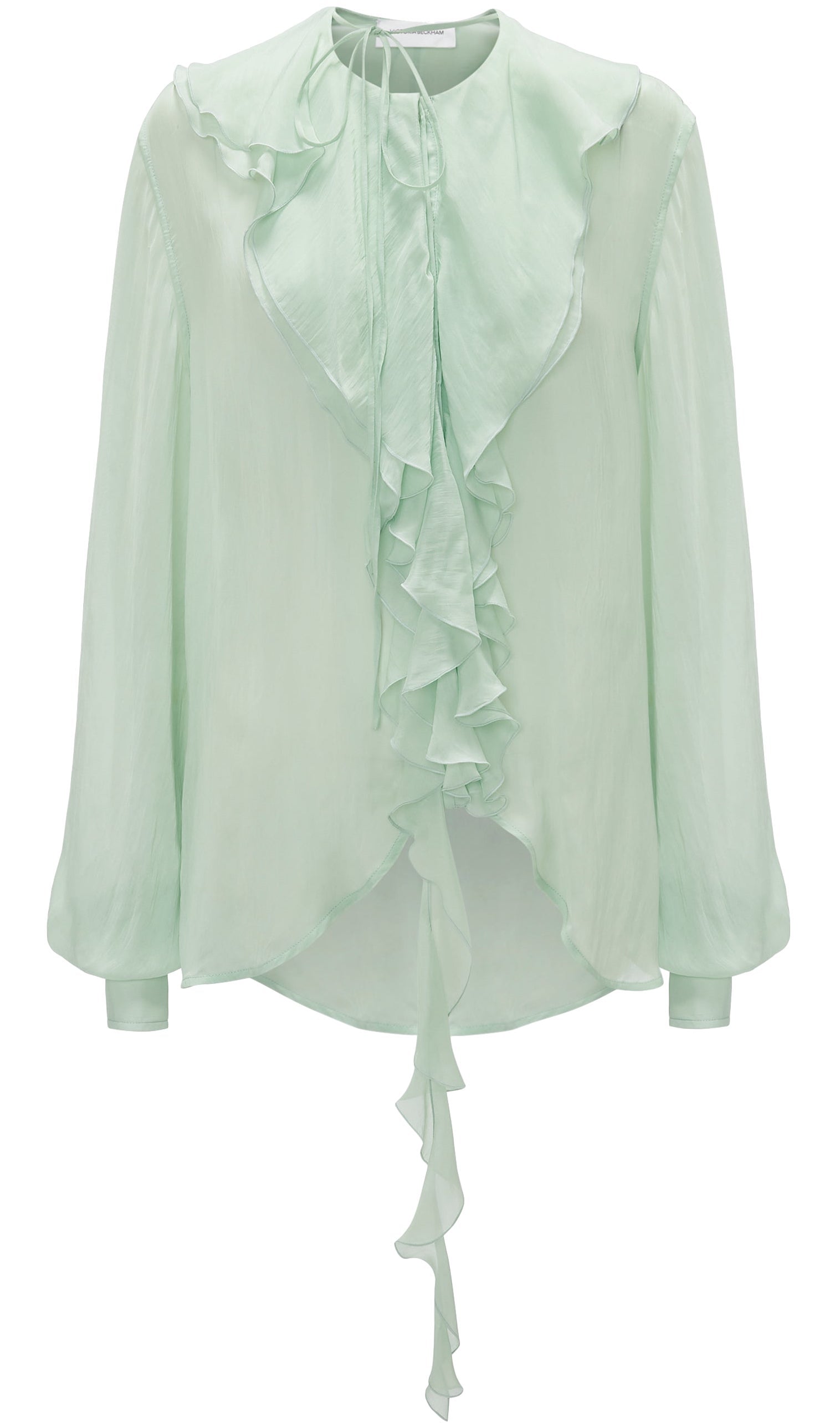 Light green Victoria Beckham Romantic Blouse with ruffled front and long sleeves on a white background.