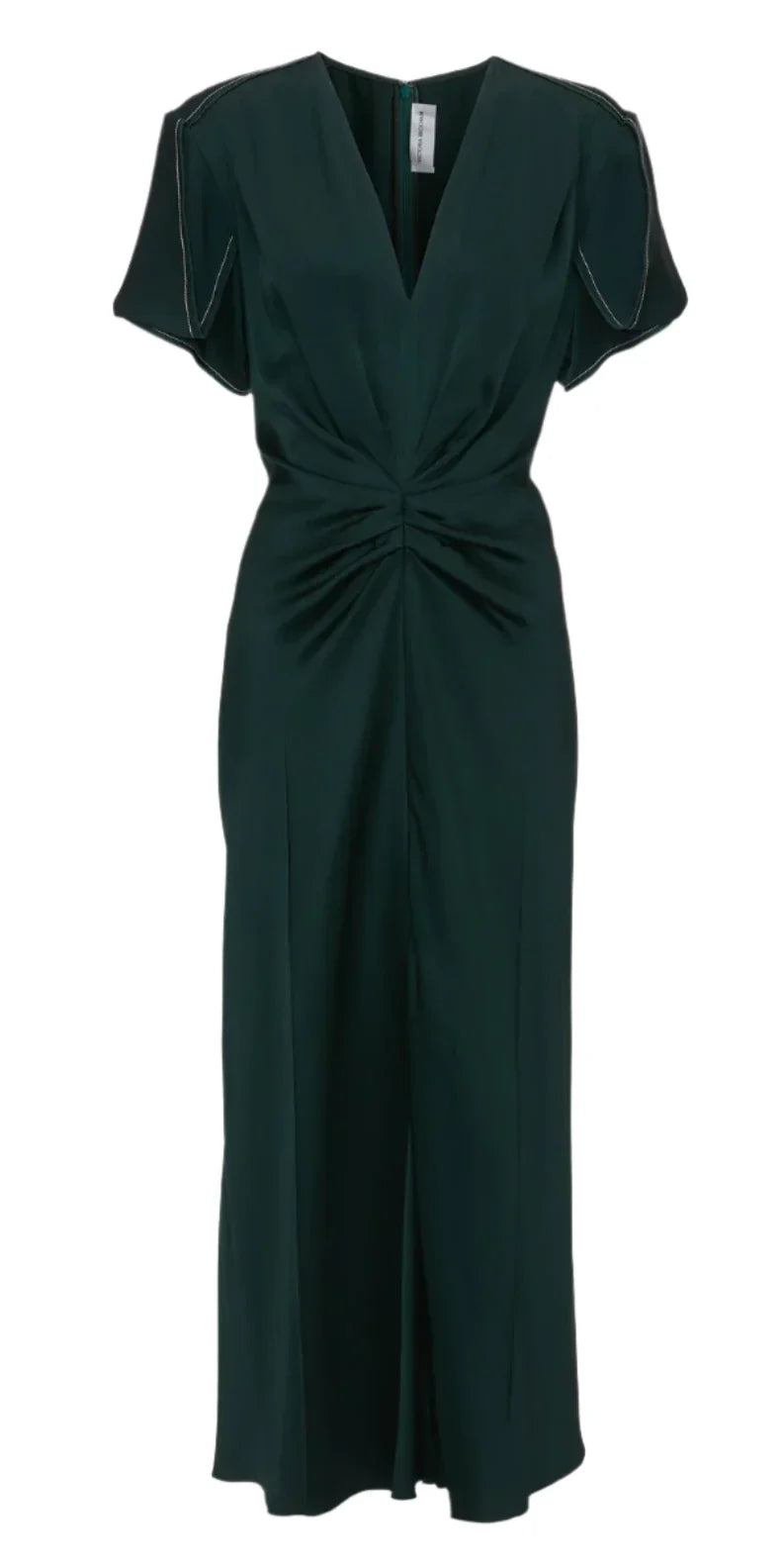 The Victoria Beckham Gathered V Neck Midi Dress is a sophisticated dark green knee-length dress, featuring short sleeves, a V-neckline, and gathered fabric detail at the waist, embodying the elegance of the Victoria Beckham brand.