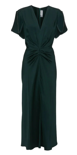 The Victoria Beckham Gathered V Neck Midi Dress is a sophisticated dark green knee-length dress, featuring short sleeves, a V-neckline, and gathered fabric detail at the waist, embodying the elegance of the Victoria Beckham brand.