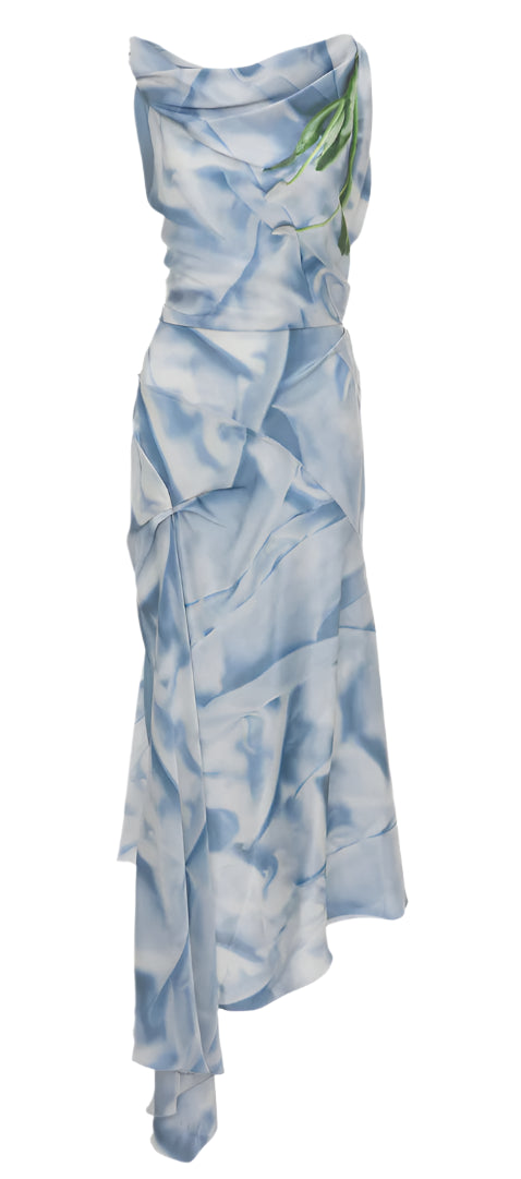 Introducing the Victoria Beckham Asymmetric Draped Midi Dress in Ice Blue, featuring a light blue and white swirl with floral accents. This strapless design boasts an asymmetrical hem and a striking green accent at the top for added elegance.