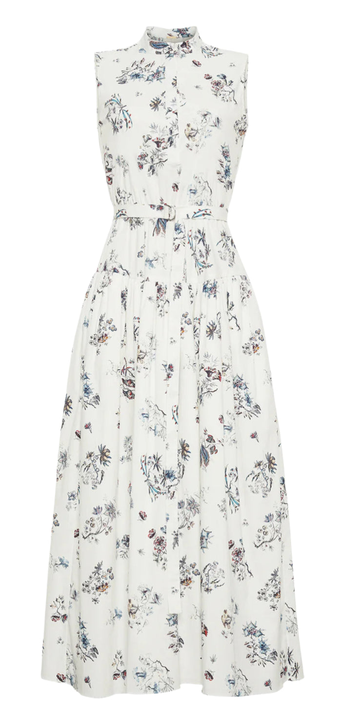 The Adam Lippes Arden Dress is a sleeveless white dress made from Italian cotton poplin, showcasing a floral print, buttoned front, and belted waist. It features a structured band collar for added elegance.