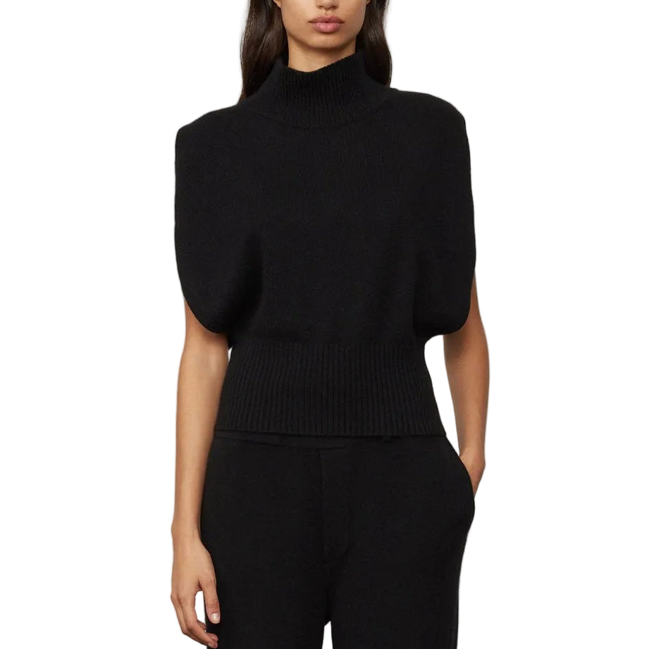 A woman wears the Lisa Yang Zaya Top, a ribbed high neck black turtleneck sweater, paired with black pants, standing against a plain white background.