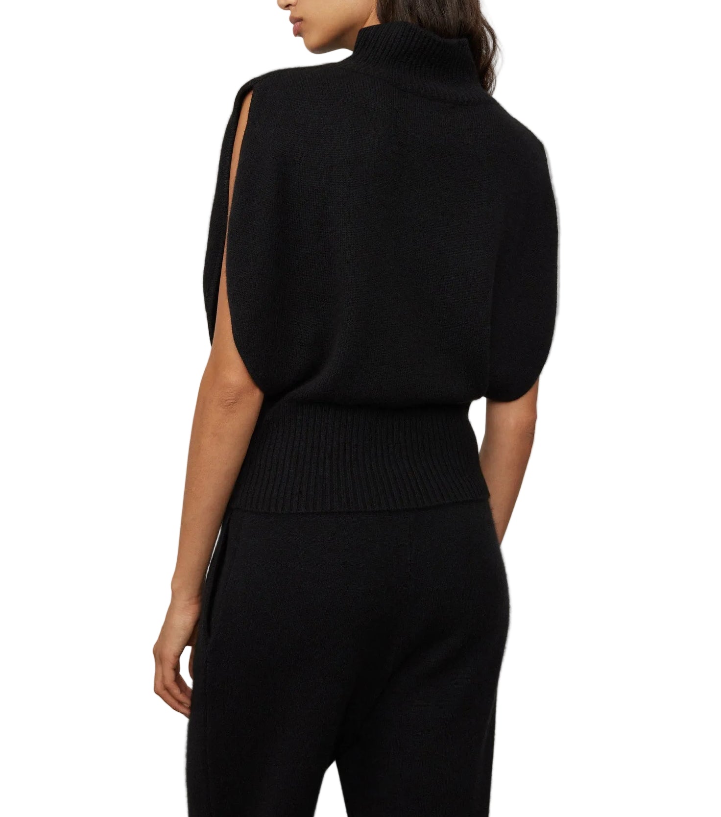 A woman wears the Lisa Yang Zaya Top—a black, sleeveless cashmere high-neck—paired with matching black pants, photographed from the back.