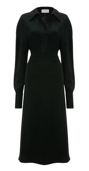 The Victoria Beckham Long Sleeve Polo Collar Midi in dark green features long sleeves, a fitted waist, and a feminine skirt, shown against a white background.
