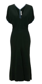The Victoria Beckham Blouson Detail Midi Dress is a knee-length black dress with short sleeves, a deep V-neckline, and light blue trim on the collar and sleeve edges—a modern twist on the classic midi style.