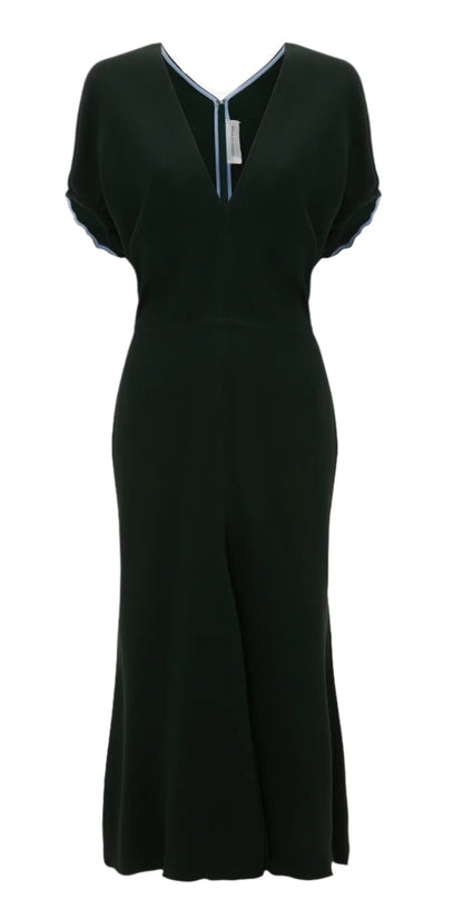 The Edith Blouson Detail Midi Dress by Victoria Beckham features a black, short-sleeved V-neck design with light blue trim on the sleeves and neckline, echoing the brand's refined elegance. Shown on a plain white background.