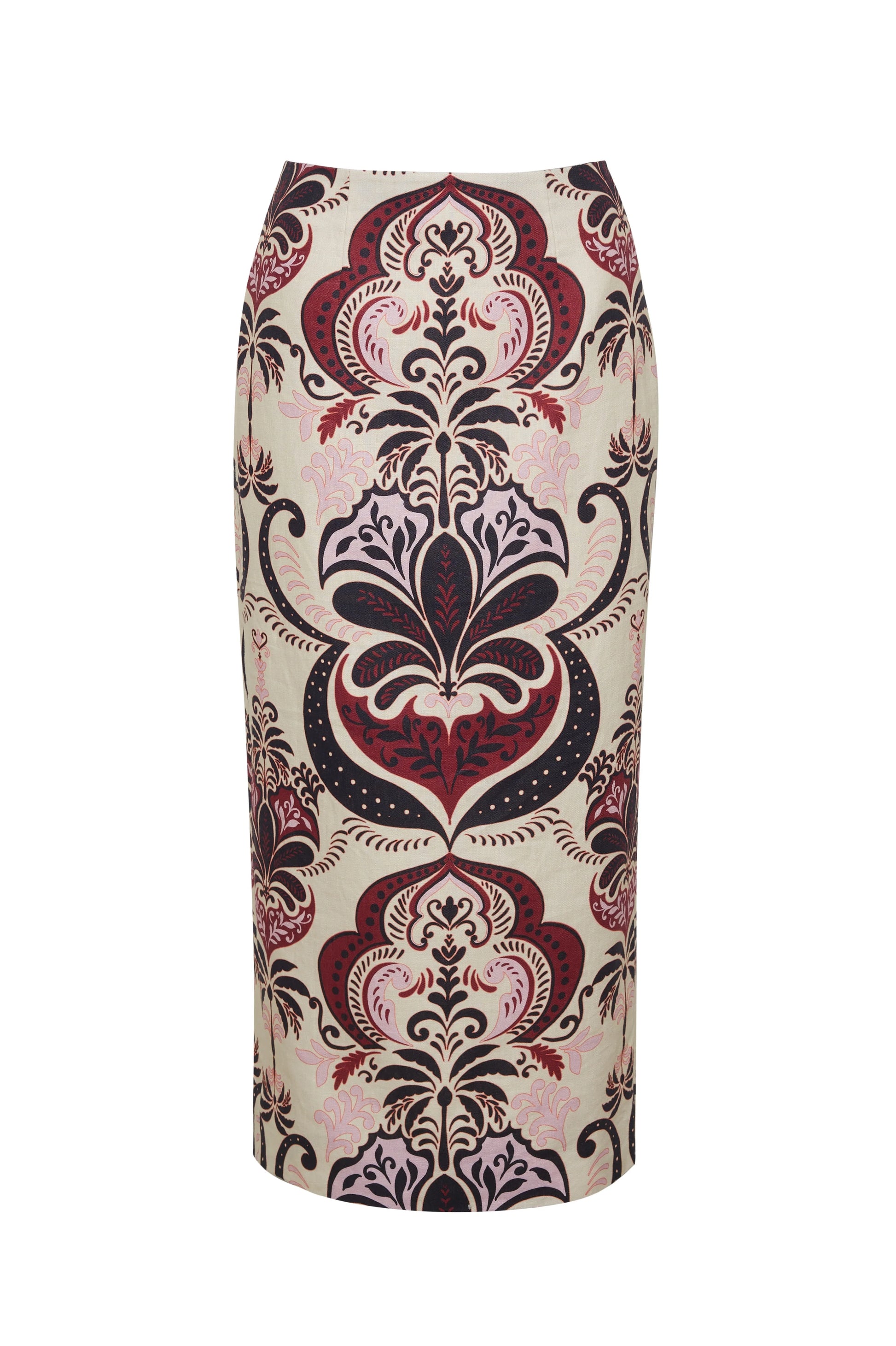 The Sienna Skirt by Cara Cara is a waisted pencil skirt with a beige base and an elegant damask pattern in black, burgundy, and pink.
