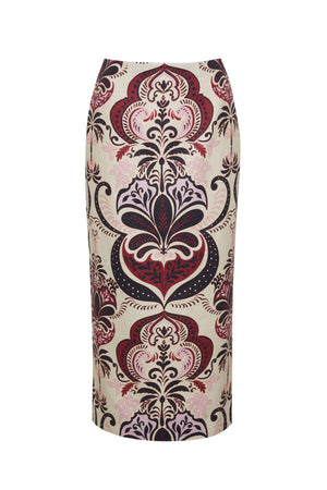 The Sienna Skirt by Cara Cara is a waisted pencil skirt with a beige base and an elegant damask pattern in black, burgundy, and pink.