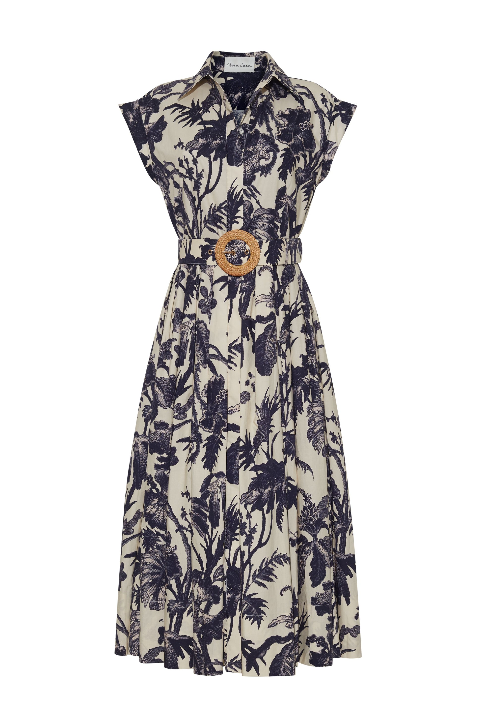The Octavia Dress by Cara Cara is a knee-length, short-sleeve shirt dress in beige with a black botanical print, button front, and wide belt with round buckle for a polished yet subtly charming look.