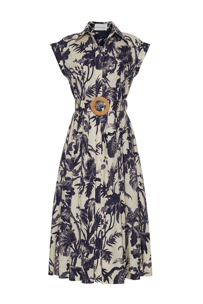 The Octavia Dress by Cara Cara is a knee-length, short-sleeve shirt dress in beige with a black botanical print, button front, and wide belt with round buckle for a polished yet subtly charming look.