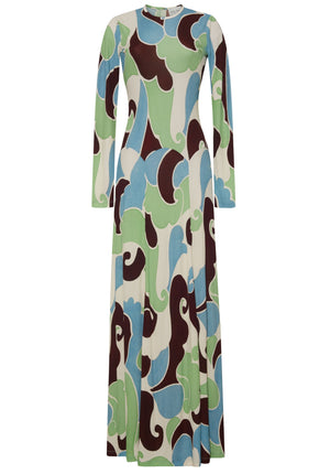 The Aspen Dress by Cara Cara is a long-sleeve maxi with a bold retro swirl pattern in green, blue, brown, and cream, featuring a shaped waist seam for added definition.
