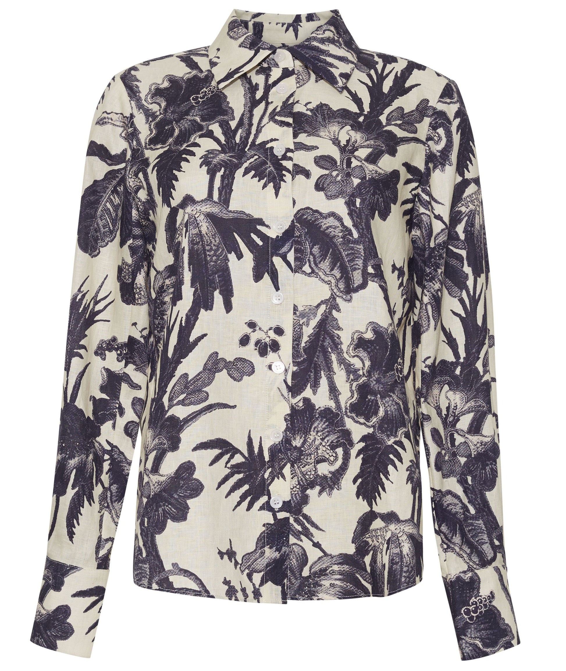 The Cara Cara Perfect Shirt is a modern long-sleeve button-up, featuring a cream background with a bold black botanical print of large leaves and flowers.