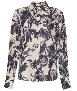 The Cara Cara Perfect Shirt is a modern long-sleeve button-up, featuring a cream background with a bold black botanical print of large leaves and flowers.