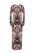 The Danae Midi Dress by Cara Cara is a long sleeve column dress featuring a bold, symmetrical floral and paisley print in burgundy, pink, and cream on a plain white background.