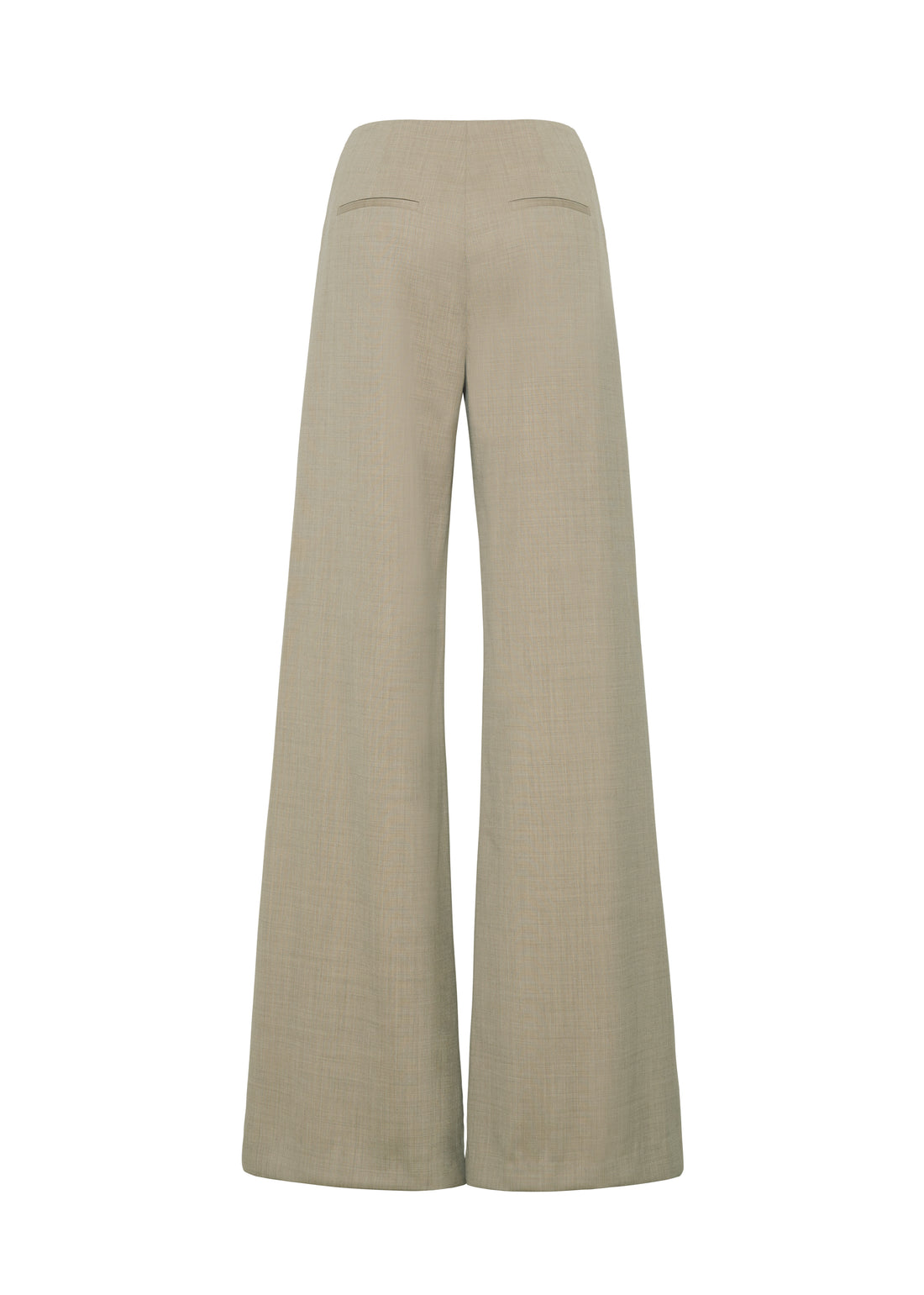 The Lamy Pant by Adam Lippes features a beige wide-leg, high-waist design with two back welt pockets in Italian tropical wool, shown on a plain white background.